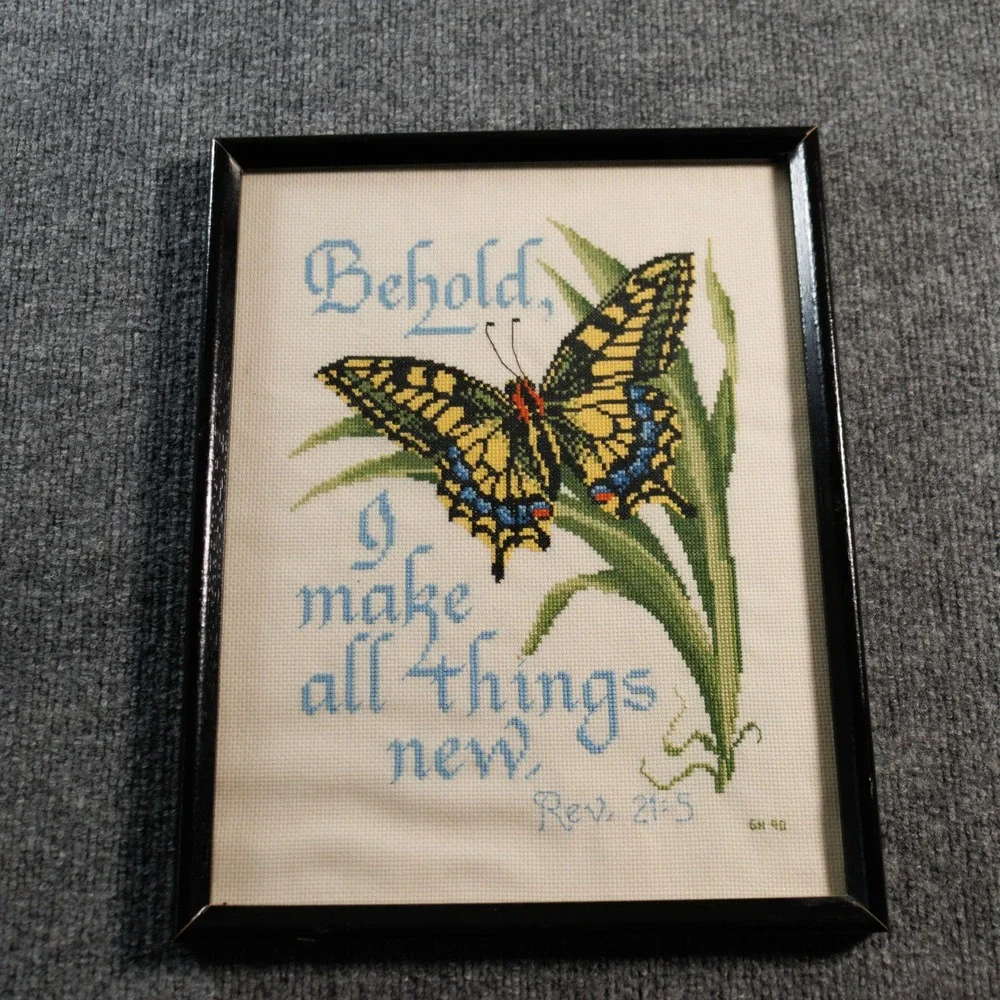 Vintage 1998 Framed Butterfly Cross Stitch Revelation 21:5 Scripture Wall Art